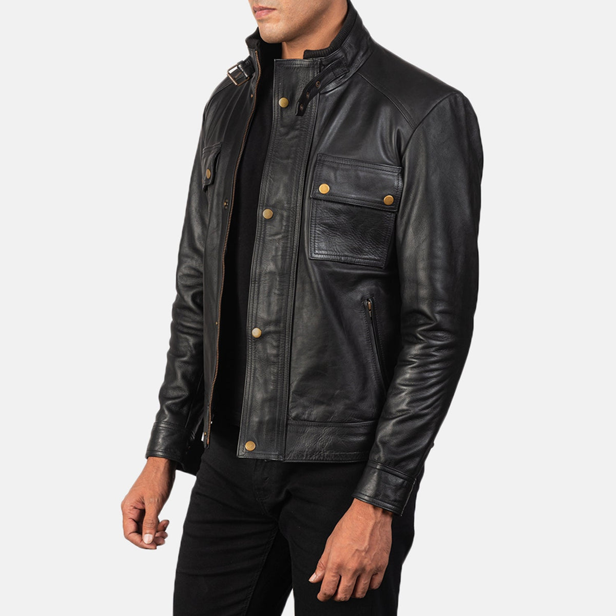 
Black 100% Full-Grain Leather Biker Jacket - Back View Showing Tailored Shoulder Fit & Clean Hemline