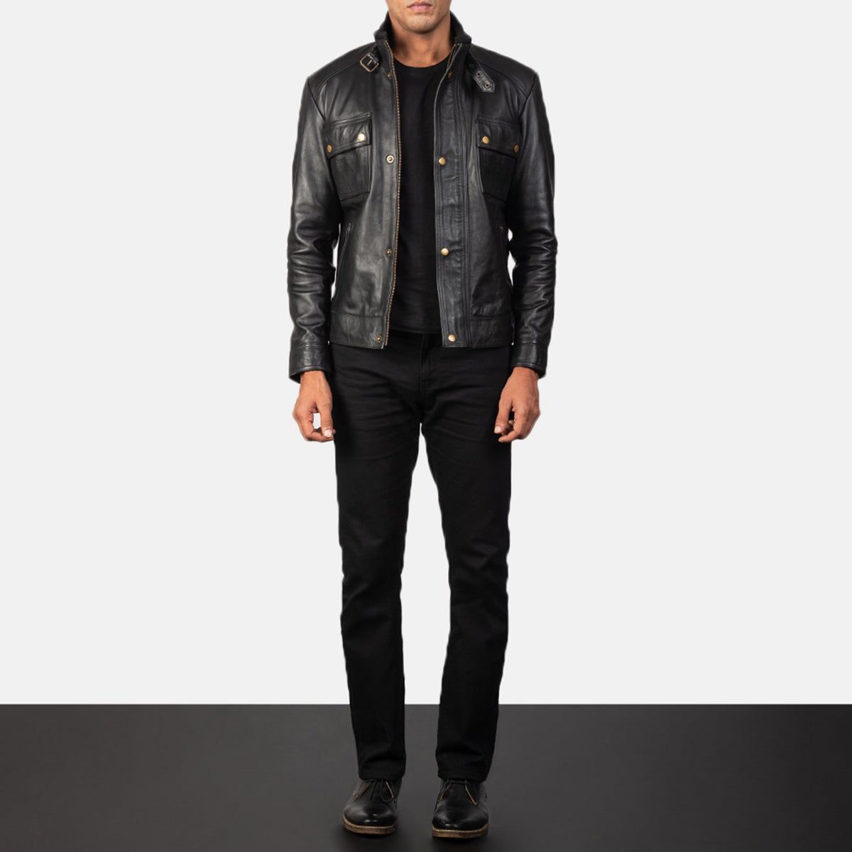 
Close-Up Detail of Classic Collar & Heavy-Duty Zipper Hardware on Men's Darren Black Leather Biker Jacket