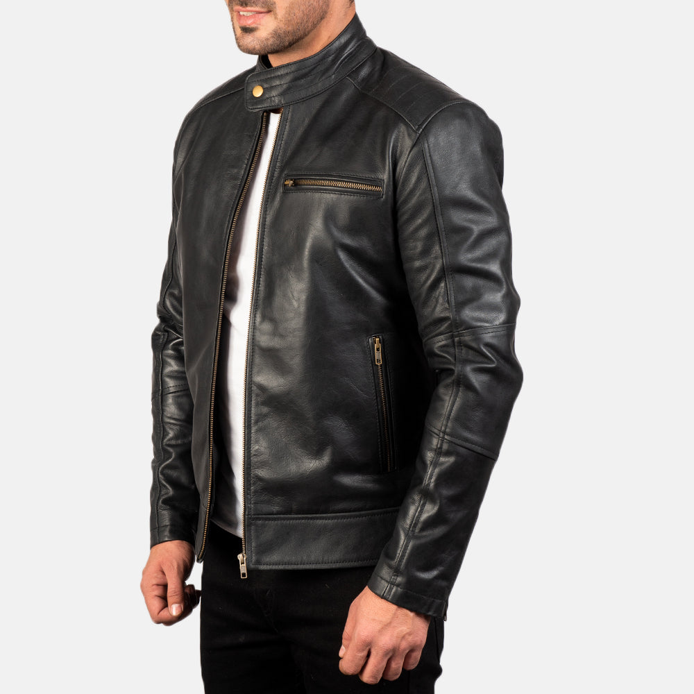 
Black Cow Hide Leather Biker Jacket - Back View Showing Tailored Shoulder Fit & Clean Hemline