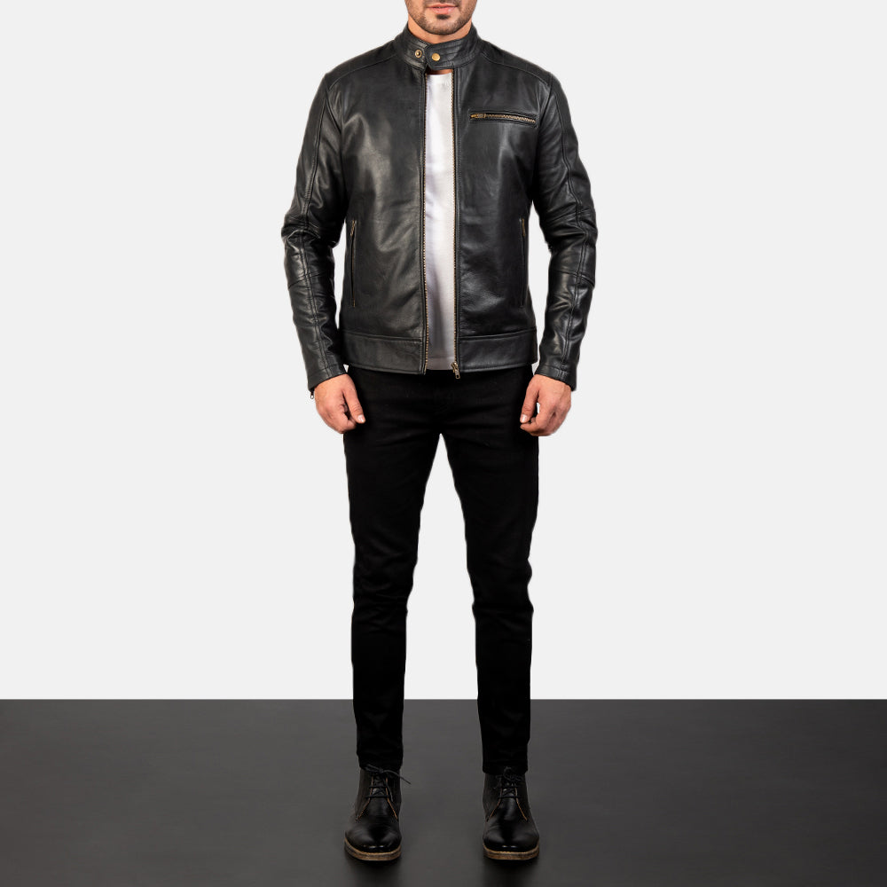 
Men's Dean Black Leather Biker Jacket - Lateral Side Profile View Showing Sleeve Cut & Athletic Taper Fit
