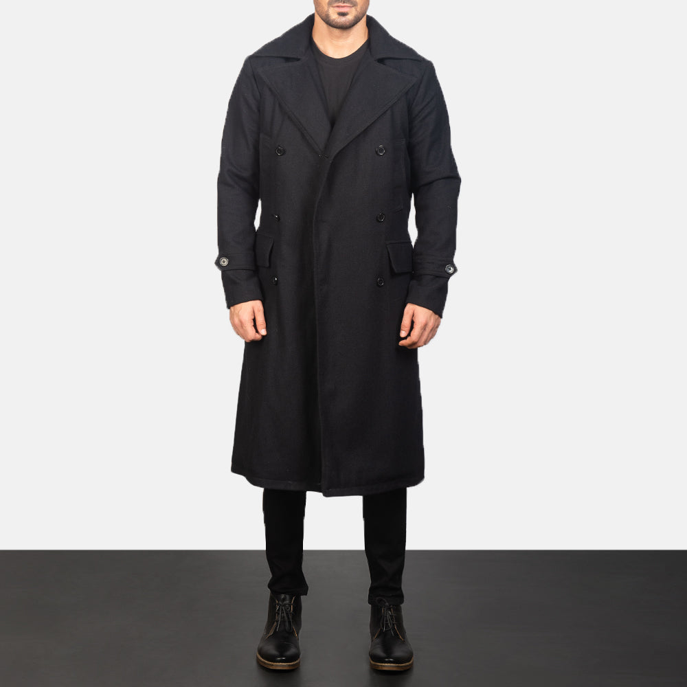 
Men's Detective Black Wool Coat in Black Synthetic Wool - Front Profile View & Tailored Silhouette | Buy Online