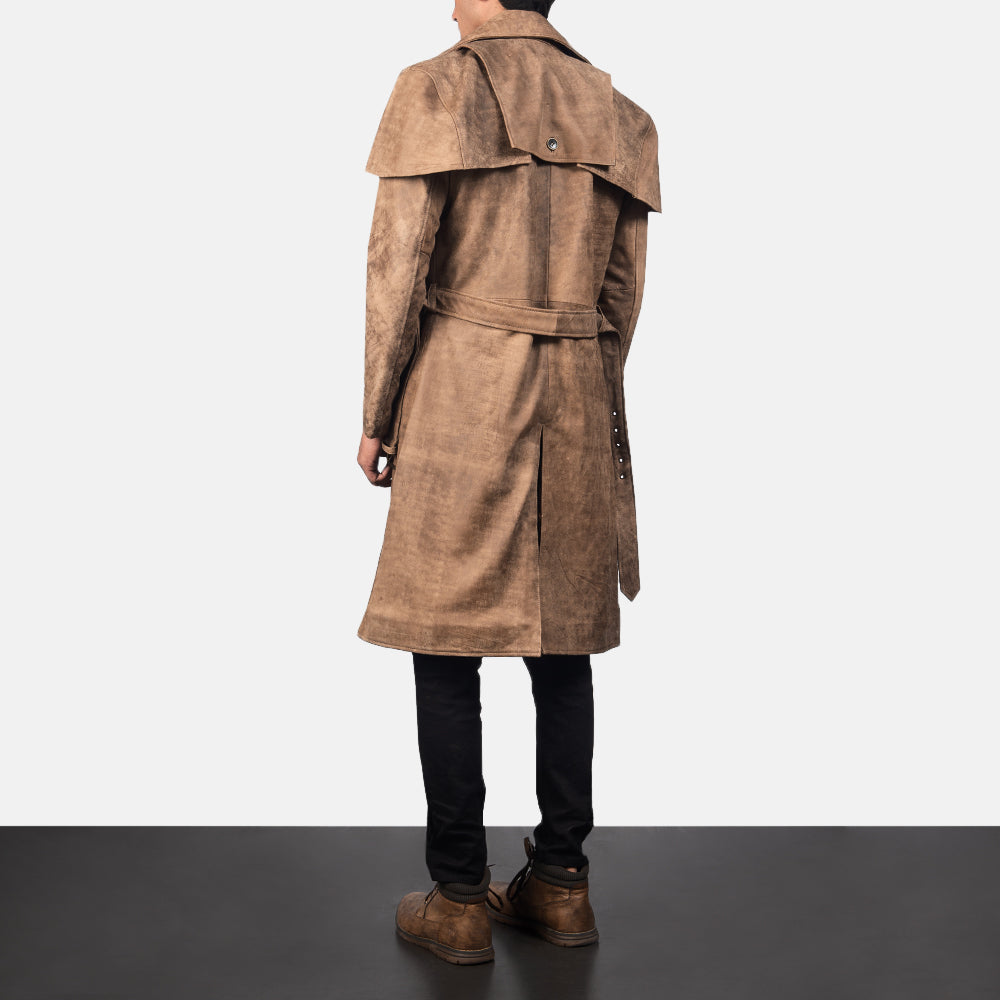 
Men's Deux Brown Leather Duster - Lateral Side Profile View Showing Sleeve Cut & Athletic Taper Fit
