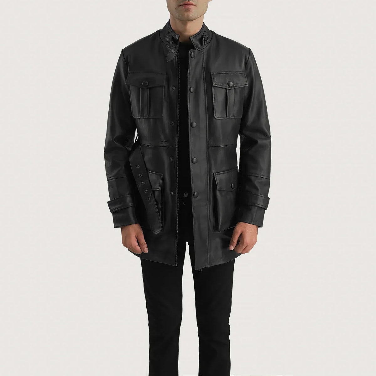 
Dolf Black Leather Jacket in Black Cowhide Leather - Front Profile View & Tailored Silhouette | Buy Online