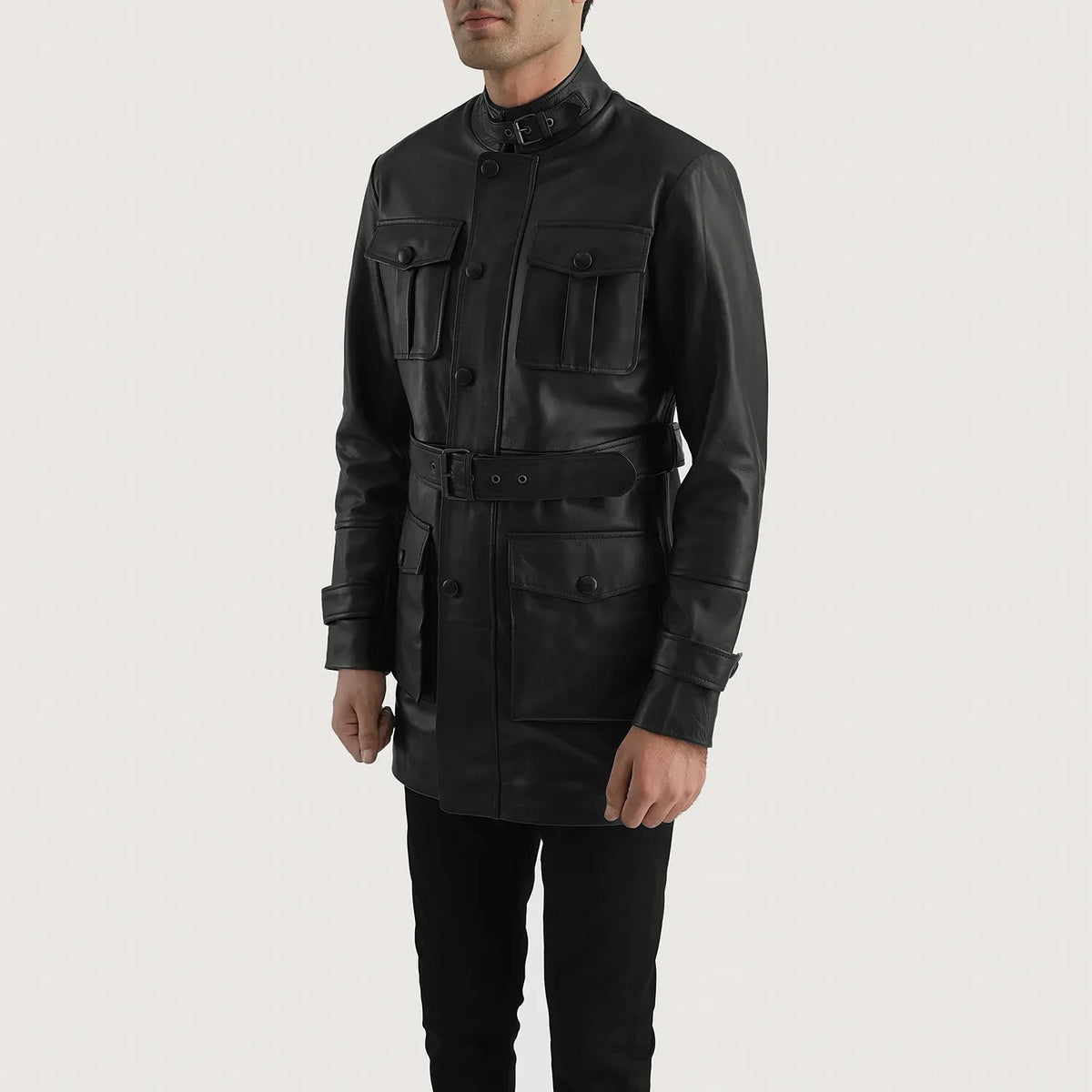 
Black Cowhide leather Coat - Back View Showing Tailored Shoulder Fit & Clean Hemline