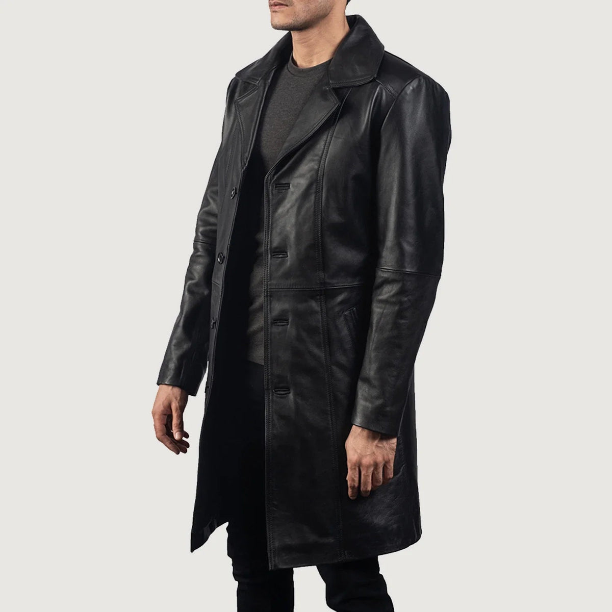 
Black Cowhide leather Coat - Back View Showing Tailored Shoulder Fit & Clean Hemline