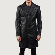 
Men's Don Long Black Leather Coat - Lateral Side Profile View Showing Sleeve Cut & Athletic Taper Fit