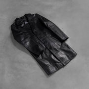 
Open hem & Hem Craftsmanship Construction Detail on Men's Don Long Black Leather Coat