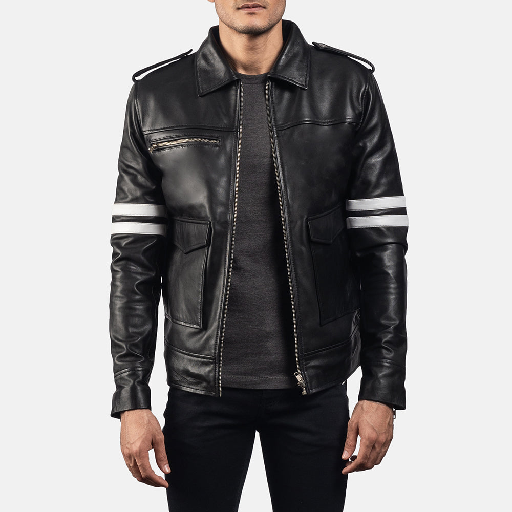 
Dragonhide Black Leather Jacket - Lateral Side Profile View Showing Sleeve Cut & Athletic Taper Fit