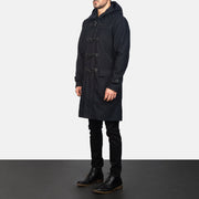 
Black Synthetic Wool Trench Coat - Back View Showing Tailored Shoulder Fit & Clean Hemline