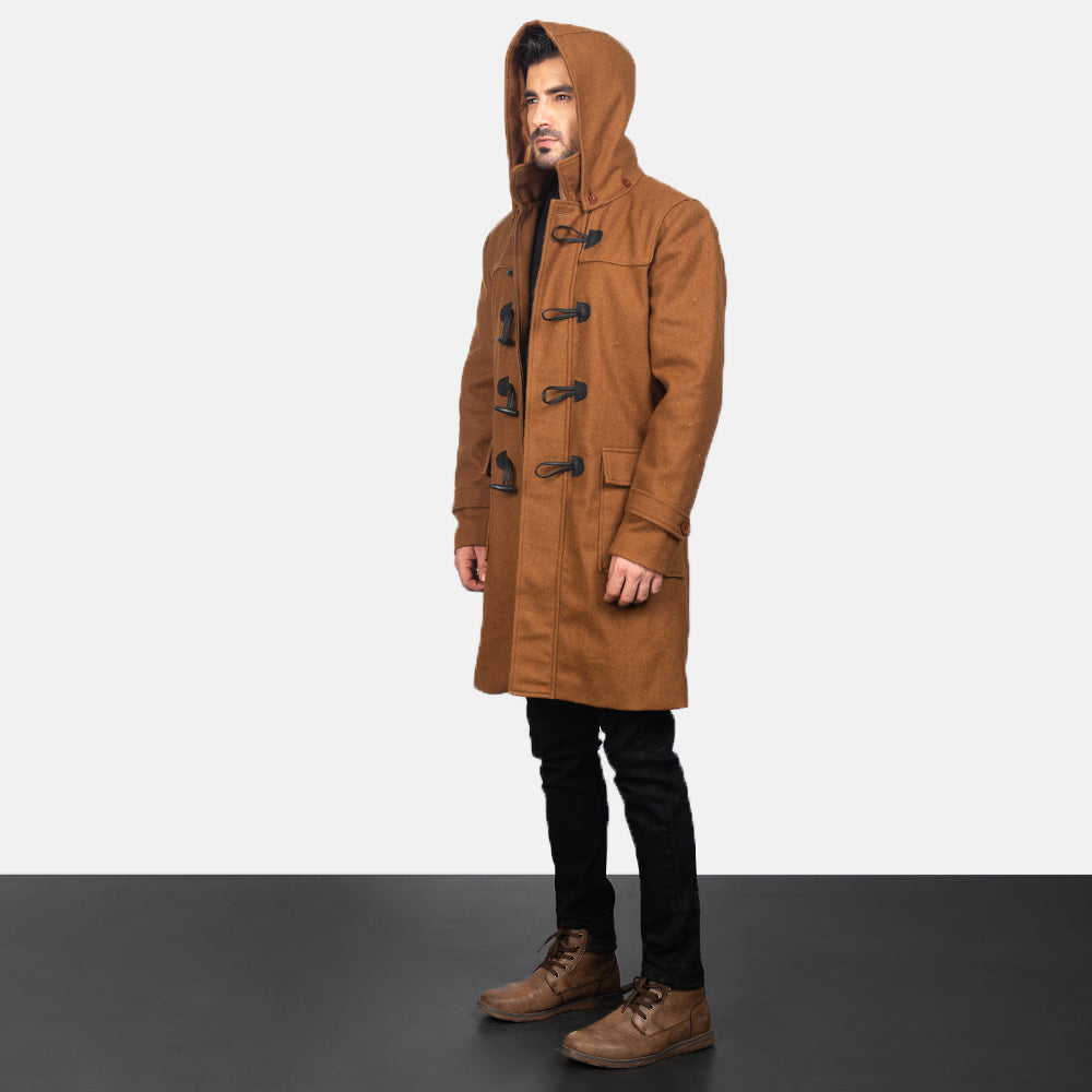 Khaki Synthetic Wool Trench Coat - Back View Showing Tailored Shoulder Fit & Clean Hemline