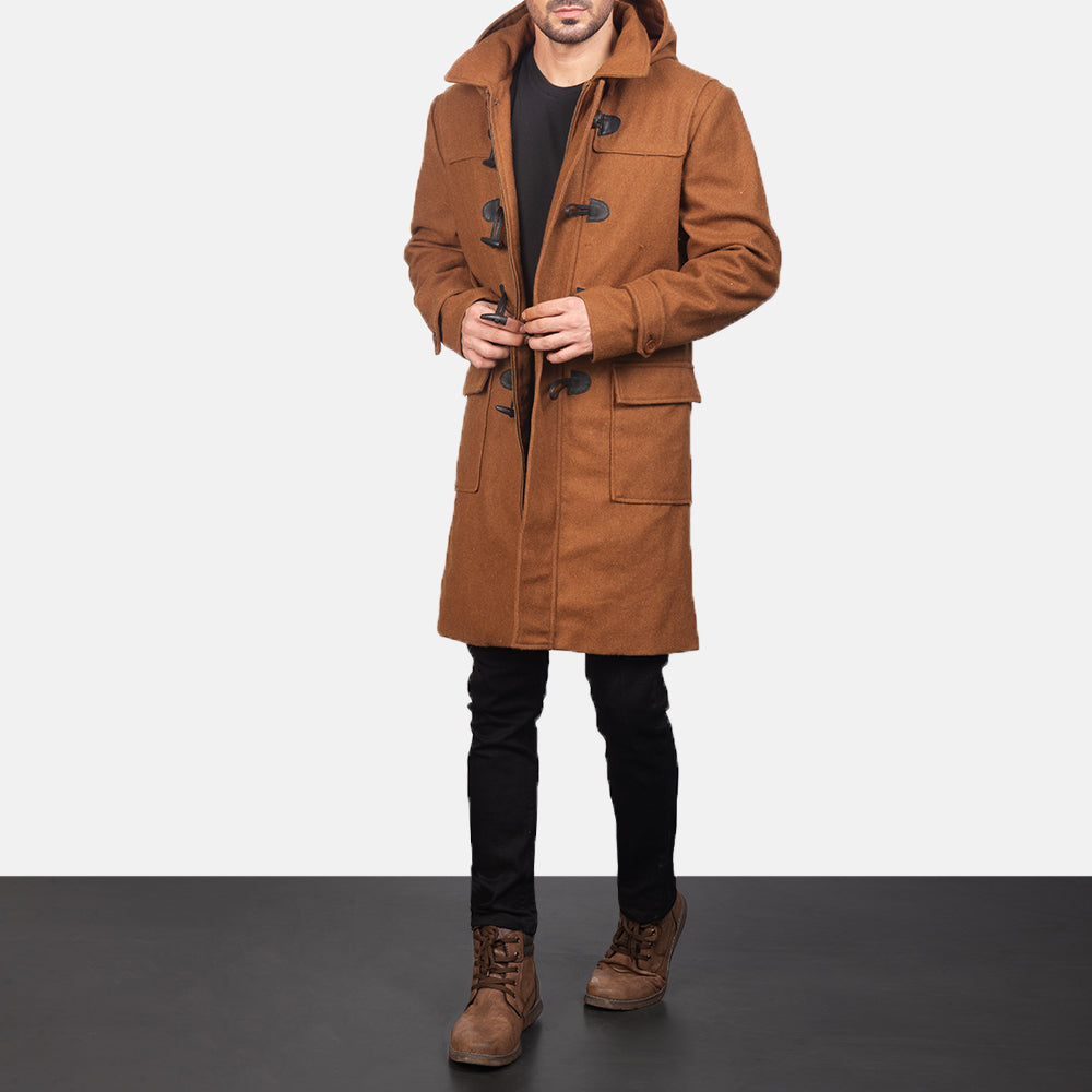 Men's Drake Khaki Wool Duffle Coat - Lateral Side Profile View Showing Sleeve Cut & Athletic Taper Fit