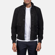 
Men's Eaton Brown Suede Bomber Jacket in Brown Goatskin Suede - Front Profile View & Tailored Silhouette | Buy Online