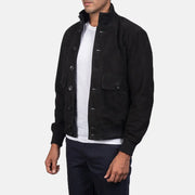 
Brown Goatskin Suede Bomber Jacket - Back View Showing Tailored Shoulder Fit & Clean Hemline