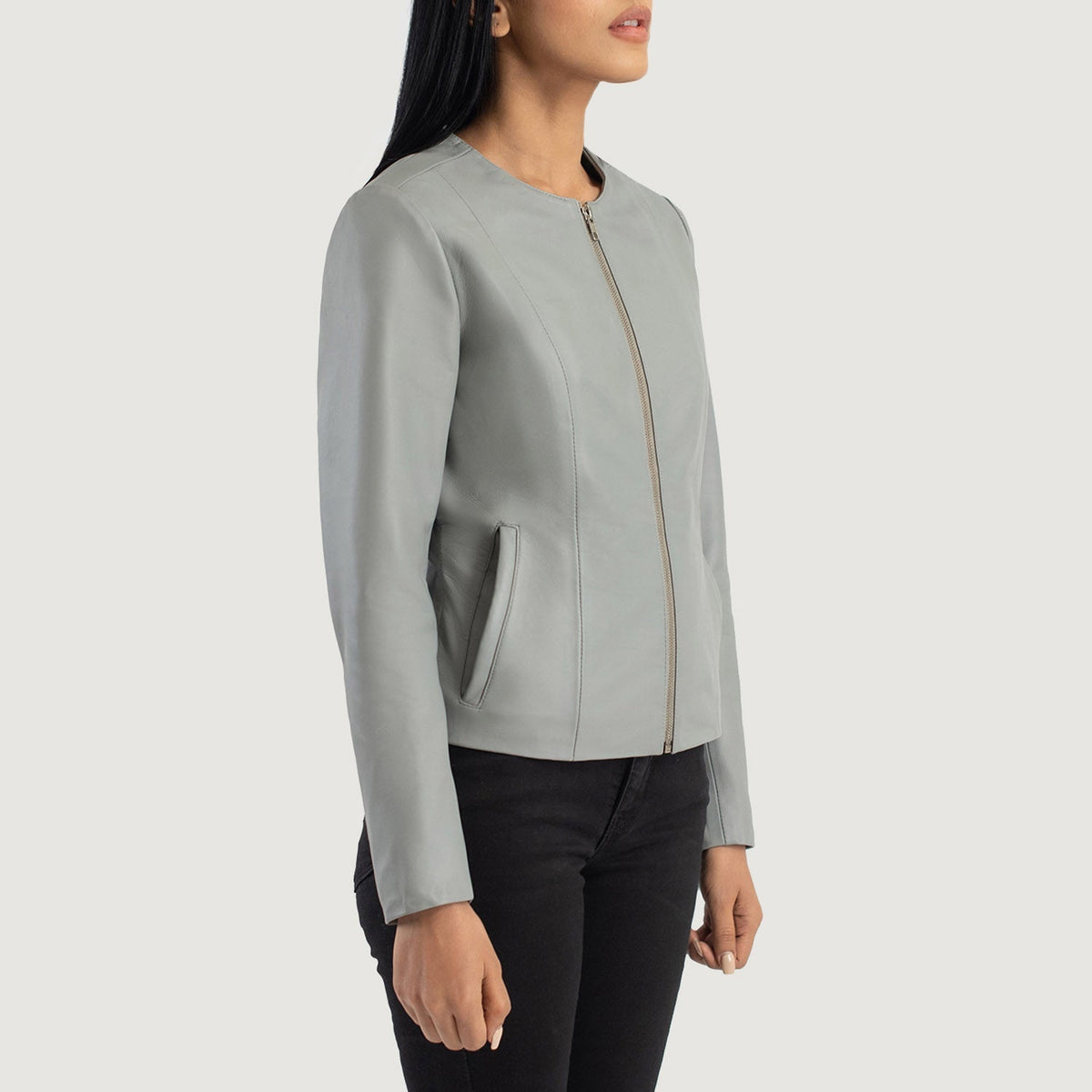 
Styled Fit Perspective of Elixir Beige Collarless Leather Jacket on Model - Natural Daylight Drape