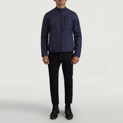 
Elliot Blue Lightweight Jacket - Lateral Side Profile View Showing Sleeve Cut & Athletic Taper Fit