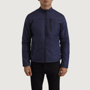 
Close-Up Detail of Classic Collar & Zipper Hardware on Elliot Blue Lightweight Jacket