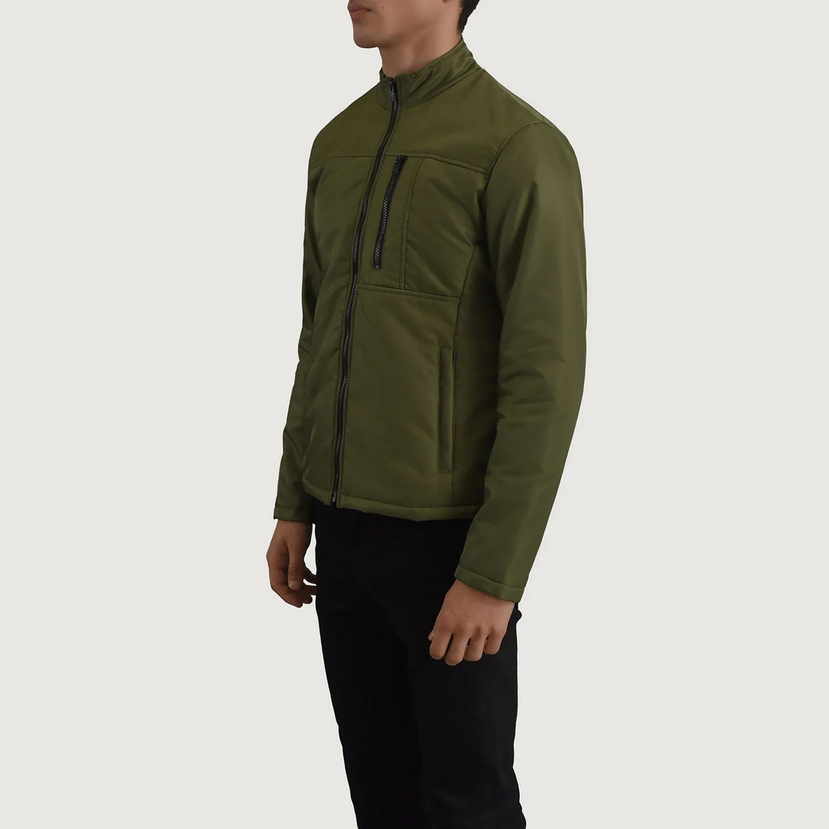 
Green Full-Grain Leather Winter Jacket - Back View Showing Tailored Shoulder Fit & Clean Hemline