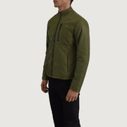 
Green Full-Grain Leather Winter Jacket - Back View Showing Tailored Shoulder Fit & Clean Hemline
