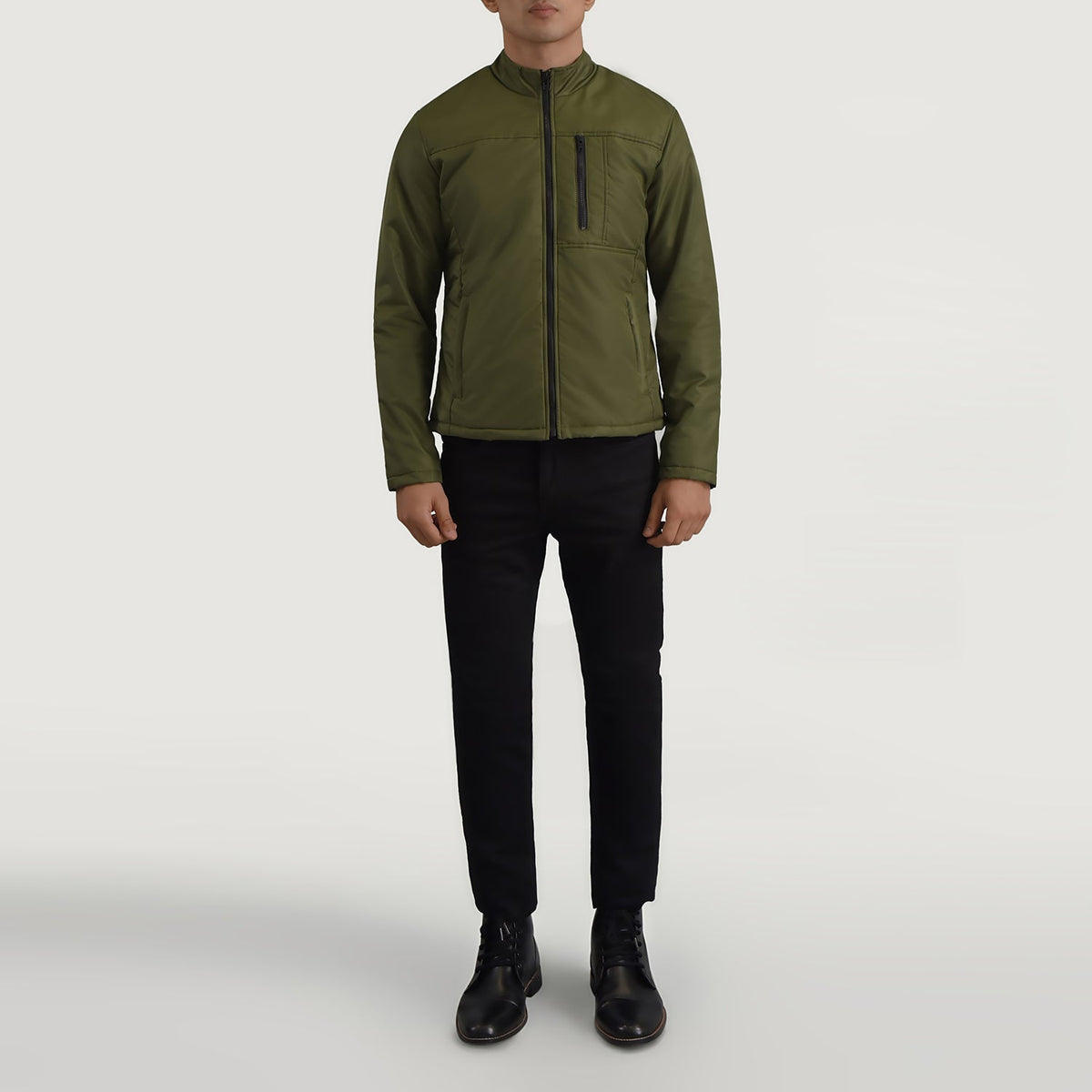 
Elliot Green Lightweight Jacket - Lateral Side Profile View Showing Sleeve Cut & Athletic Taper Fit