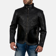 
Black Sheepskin Leather Biker Jacket - Back View Showing Tailored Shoulder Fit & Clean Hemline