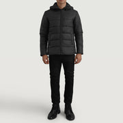 
Erico Black Hooded Puffer Jacket - Lateral Side Profile View Showing Sleeve Cut & Athletic Taper Fit