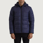 
Erico Blue Hooded Puffer Jacket in Blue Full-Grain Leather - Front Profile View & Tailored Silhouette | Buy Online