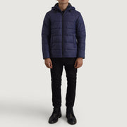 
Erico Blue Hooded Puffer Jacket - Lateral Side Profile View Showing Sleeve Cut & Athletic Taper Fit