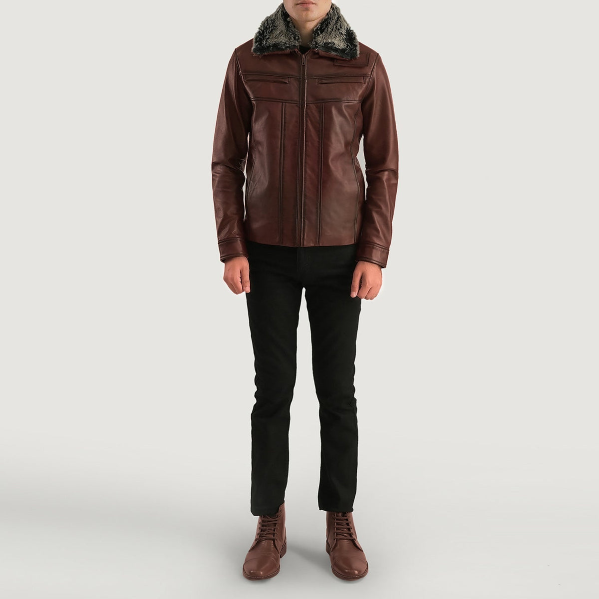 
Close-Up Detail of Shirt & Zipper Hardware on Men's Evan Hart Fur Brown Leather Jacket