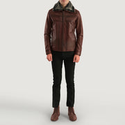 
Close-Up Detail of Shirt & Zipper Hardware on Men's Evan Hart Fur Brown Leather Jacket