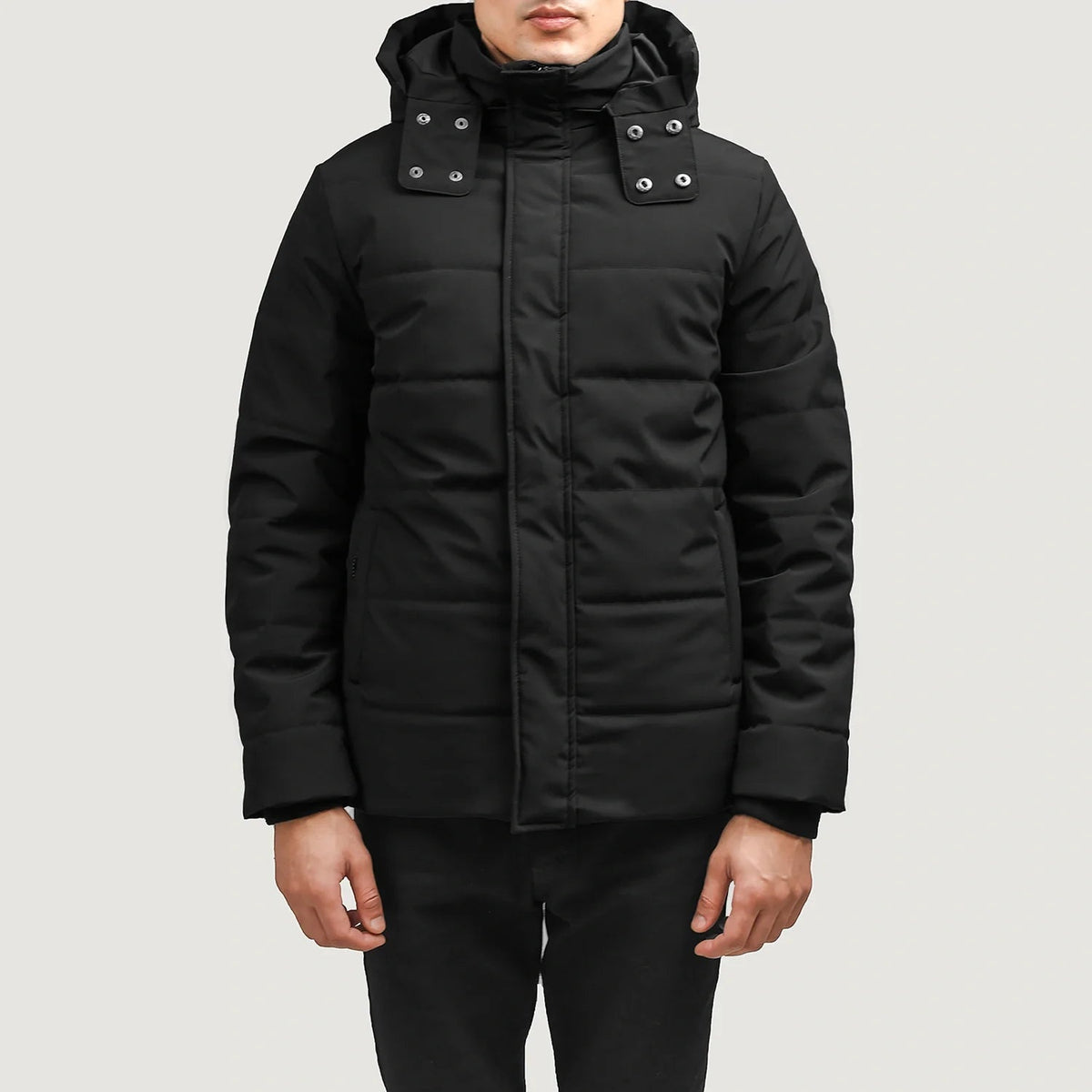 
Exton Black Hooded Down Puffer Jacket in Black Full-Grain Leather - Front Profile View & Tailored Silhouette | Buy Online