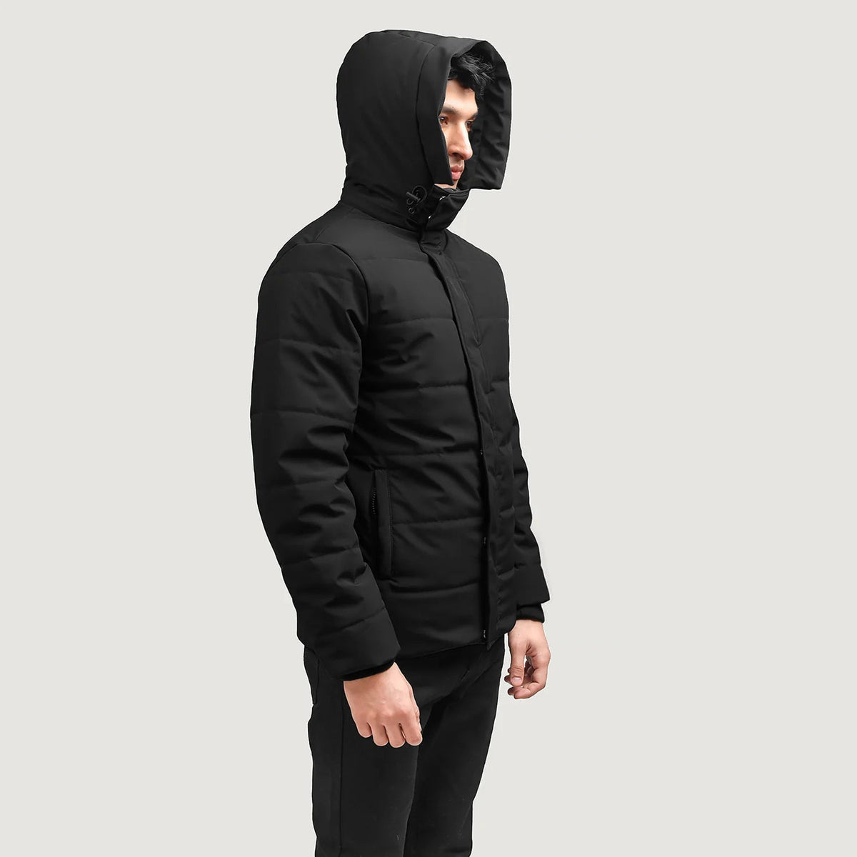
Exton Black Hooded Down Puffer Jacket - Lateral Side Profile View Showing Sleeve Cut & Athletic Taper Fit