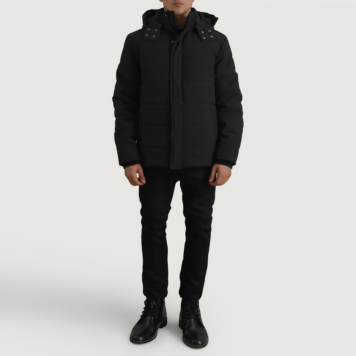 
Close-Up Detail of Classic Collar & Zipper With Placket. Hardware on Exton Black Hooded Down Puffer Jacket