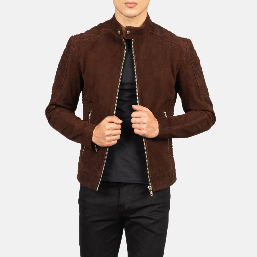 
Zipper & Hem Craftsmanship Construction Detail on Men's Fernando Quilted Brown Suede Biker Jacket
