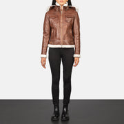 
Women's Fiona Brown Hooded Shearling Leather Jacket - Lateral Side Profile View Showing Sleeve Cut & Athletic Taper Fit