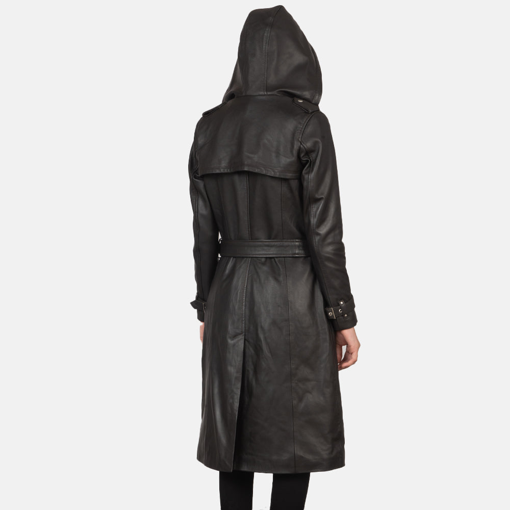 Close-Up Detail of Hooded & Button + Belt Hardware on Women's Fixon Hooded Brown Trench Coat