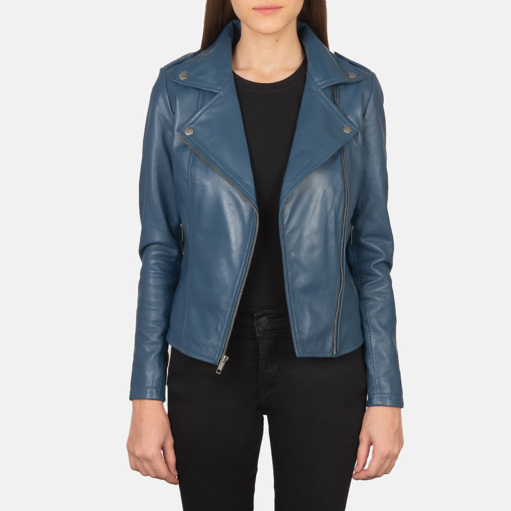 
Styled Fit Perspective of Women's Flashback Red Leather Biker Jacket on Model - Natural Daylight Drape