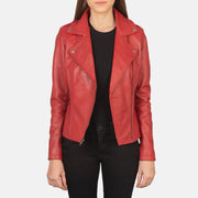 
Women's Flashback Red Leather Biker Jacket - Lateral Side Profile View Showing Sleeve Cut & Athletic Taper Fit