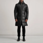
Floyd Tan Hooded Leather Puffer Coat - Lateral Side Profile View Showing Sleeve Cut & Athletic Taper Fit