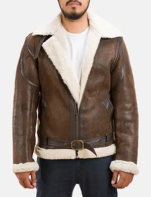 
Men's Forest Double Face Shearling Jacket in Distressed Brown Sheepskin Leather - Front Profile View & Tailored Silhouette | Buy Online