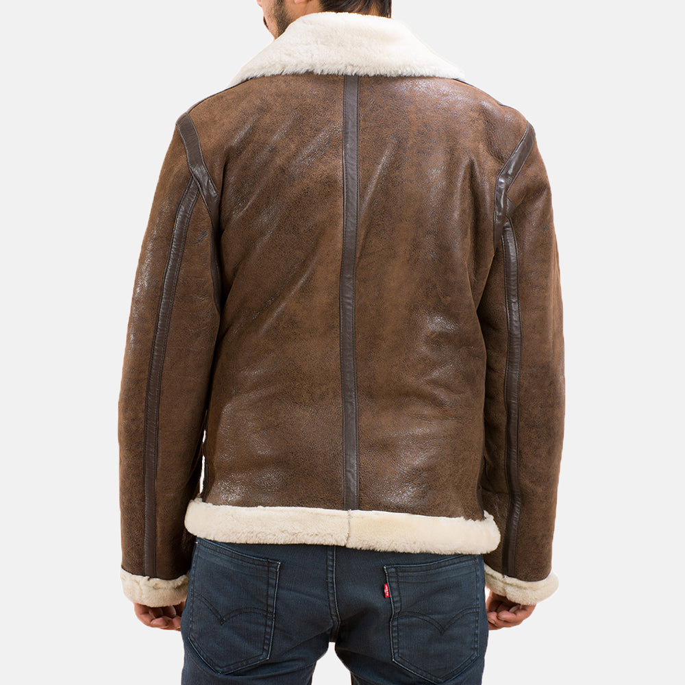 
Distressed Brown Sheepskin Leather Aviator Jacket - Back View Showing Tailored Shoulder Fit & Clean Hemline