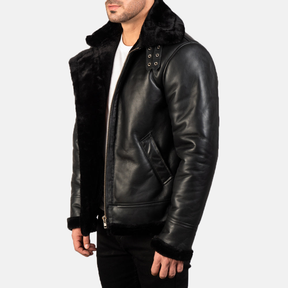 
Styled Fit Perspective of Men's Francis B-3 Black Leather Bomber Jacket on Model - Natural Daylight Drape