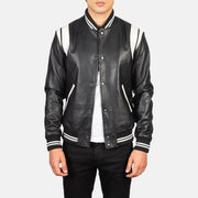 
Men's Dantee Black Leather Varsity Jacket in Black & White Sheepskin Leather - Front Profile View & Tailored Silhouette | Buy Online
