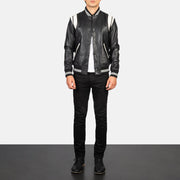 
Men's Dantee Black Leather Varsity Jacket - Lateral Side Profile View Showing Sleeve Cut & Athletic Taper Fit