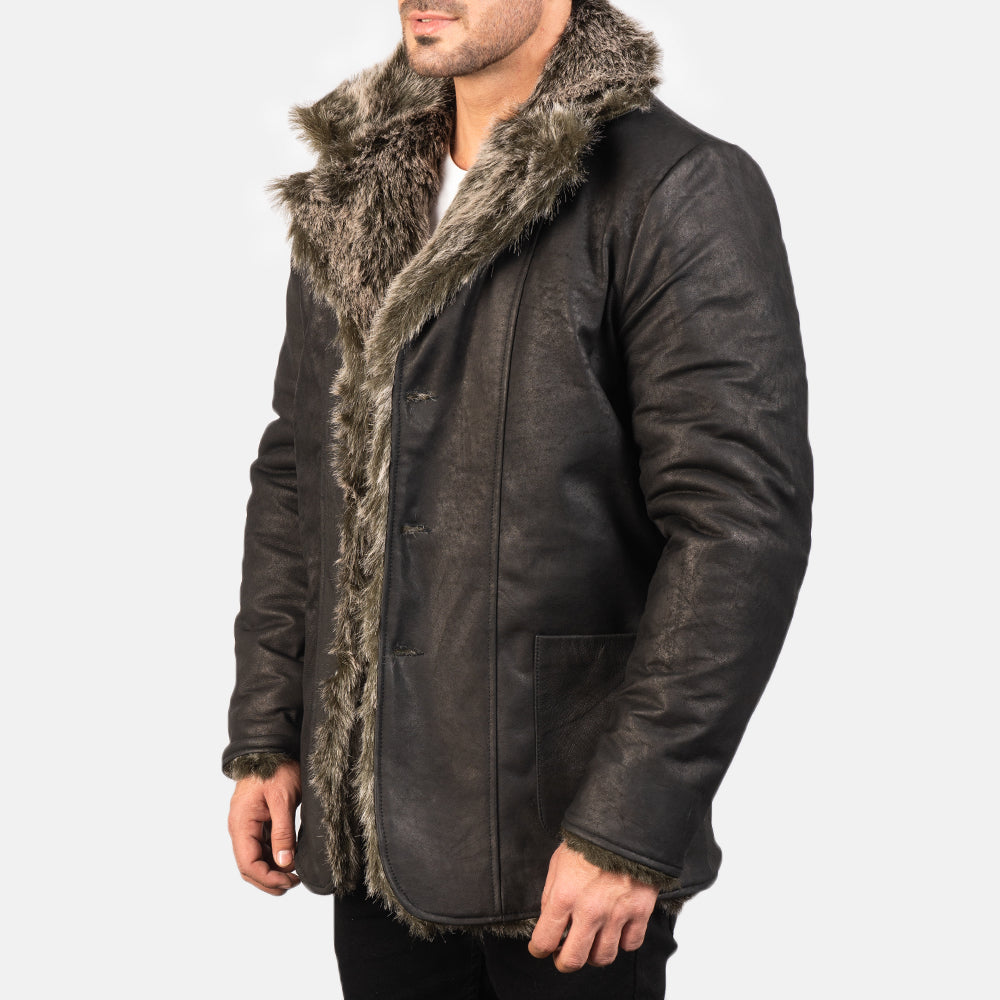 
Styled Fit Perspective of Men's Furlong Beige Leather Coat on Model - Natural Daylight Drape