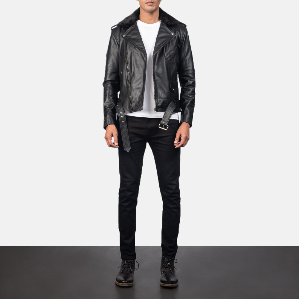 
Men's Furton Black Leather Biker Jacket - Lateral Side Profile View Showing Sleeve Cut & Athletic Taper Fit