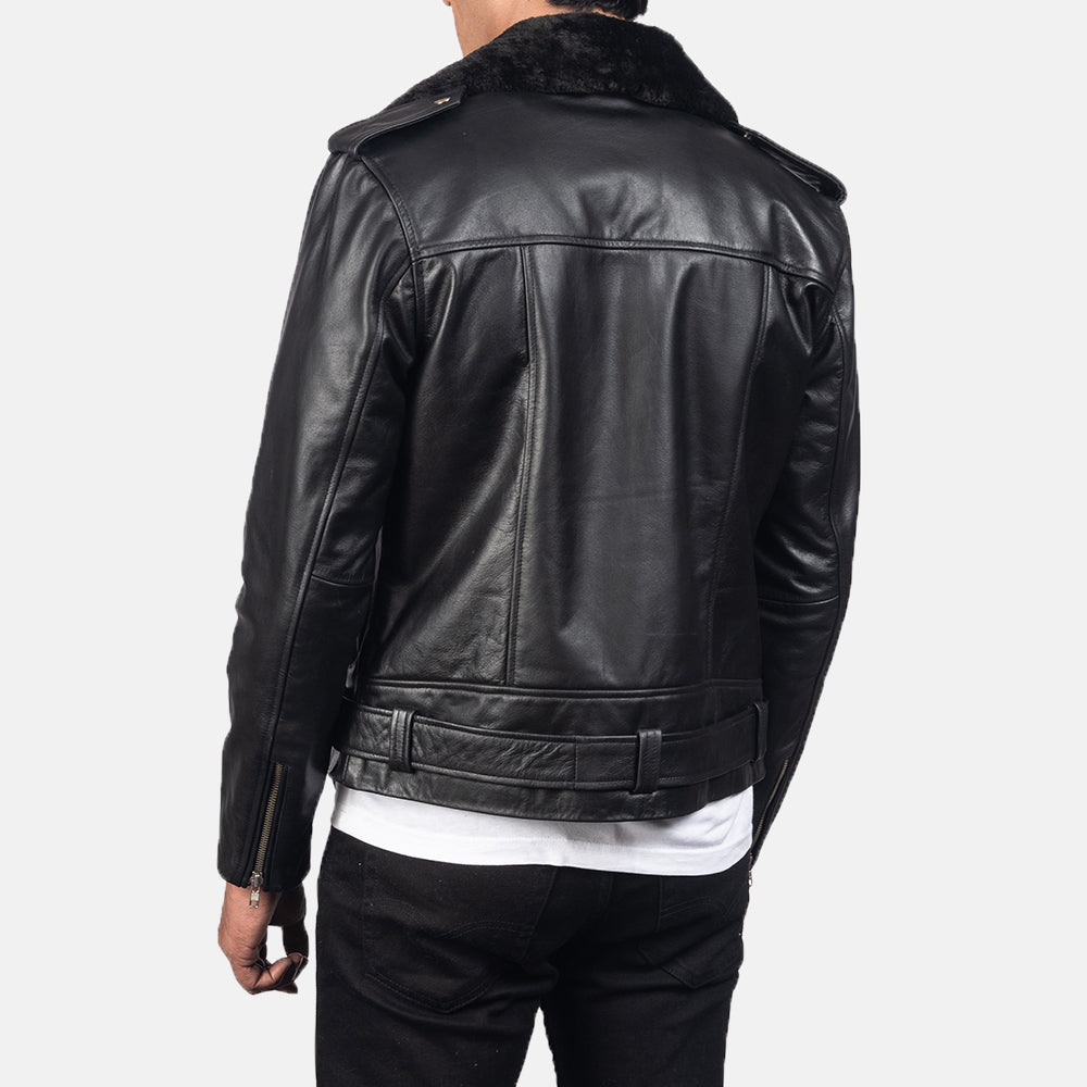
Close-Up Detail of Notch with Removable Fur & Zipper with Waist belt Hardware on Men's Furton Black Leather Biker Jacket