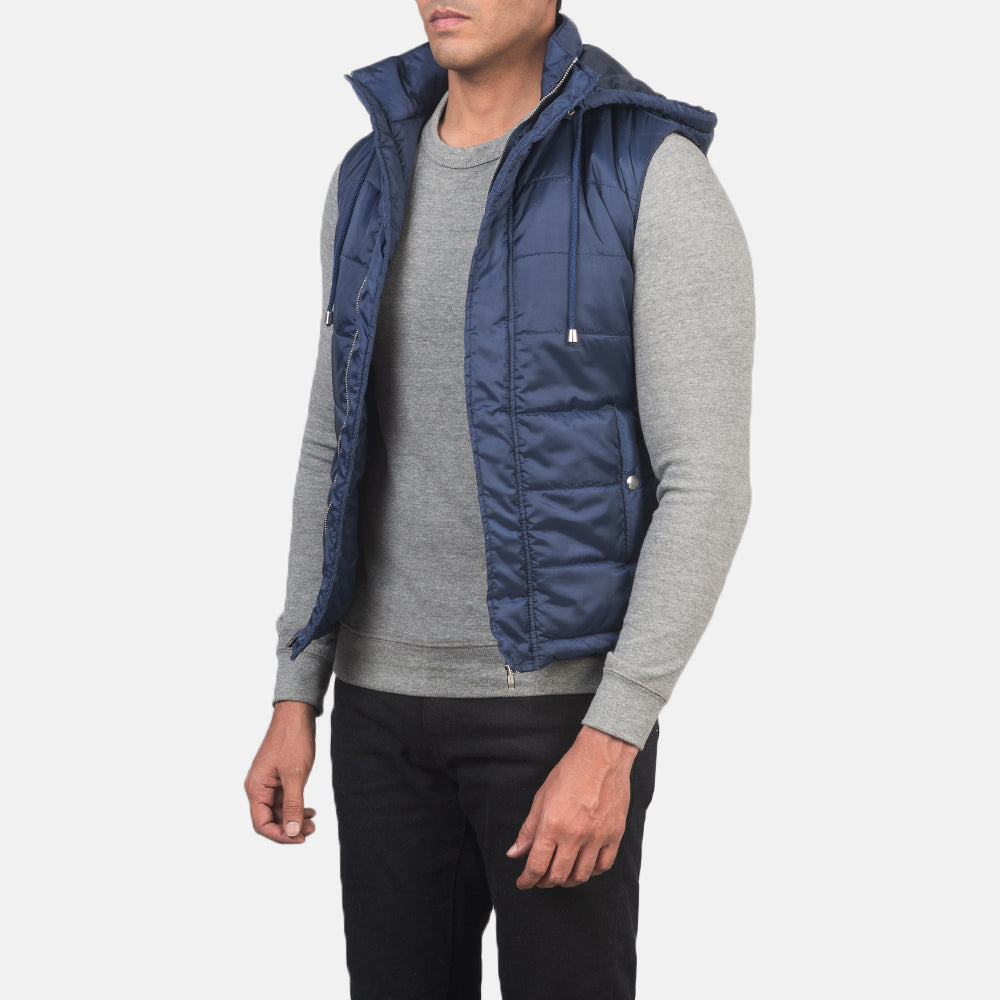 
Blue Nylon (Water-Resistant) Leather Vest - Back View Showing Tailored Shoulder Fit & Clean Hemline