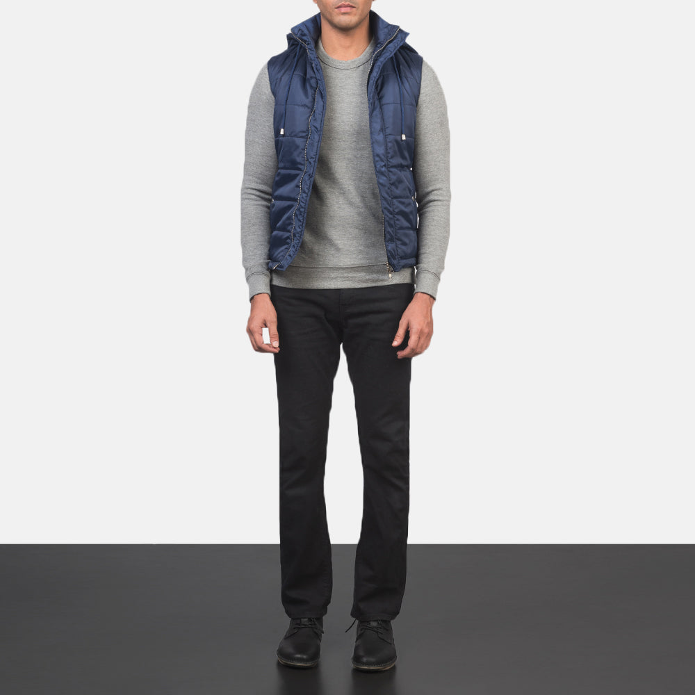 
Men's Fuston Blue Hooded Puffer Vest - Lateral Side Profile View Showing Sleeve Cut & Athletic Taper Fit