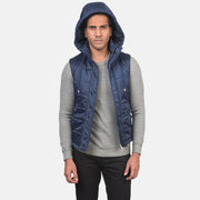 
Close-Up Detail of Band with Removable Hood & Zipper with dual puller and wind flap Hardware on Men's Fuston Blue Hooded Puffer Vest