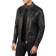 
Black Goatskin Leather Biker Jacket - Back View Showing Tailored Shoulder Fit & Clean Hemline